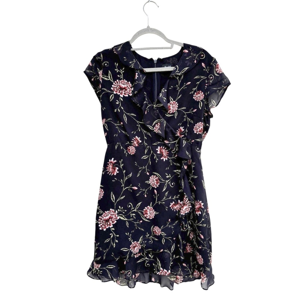 Bardot Floral Ruffle Mini Dress Navy Blue Pink Cap‎ Sleeve Faux Wrap Size 8 M